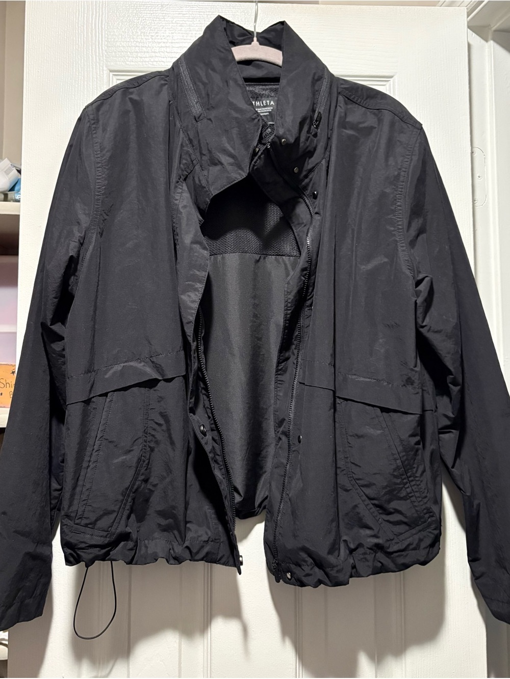 Athleta Womens Black Lightweight Jacket with High Collar hood zips out size M
